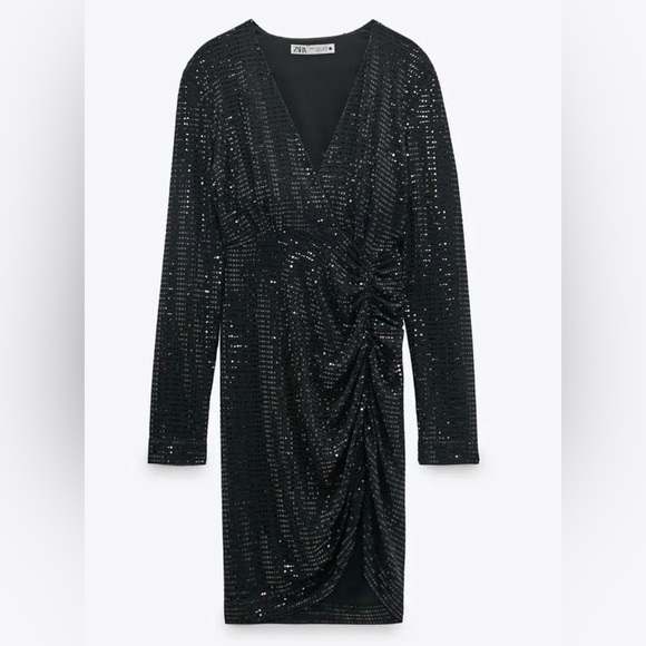 Zara Shiny Shimmer Appliqué Draped Mini Dress - Picture 6 of 8